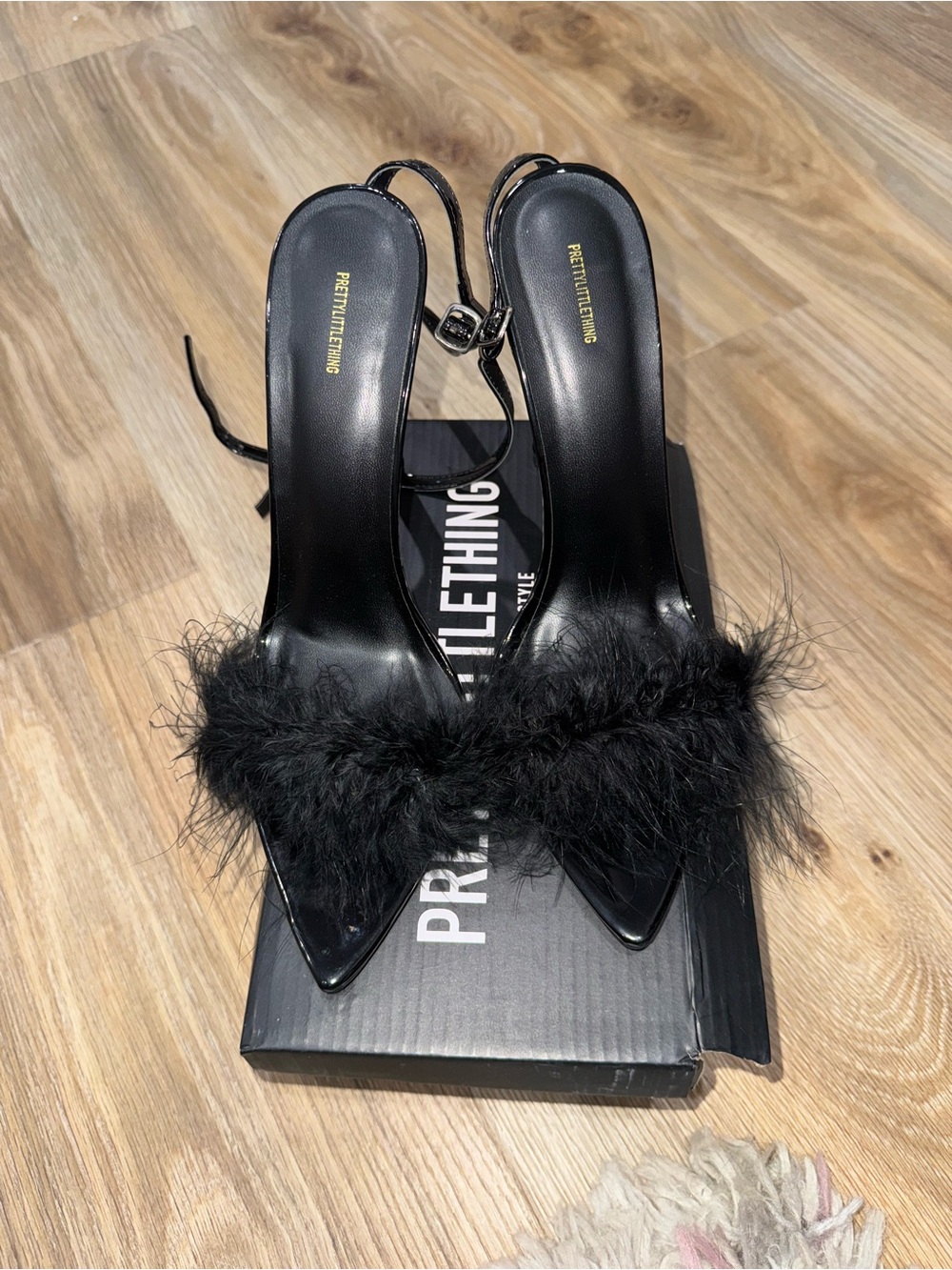 PrettyLittleThing Black Feather Trim Slingback Heels